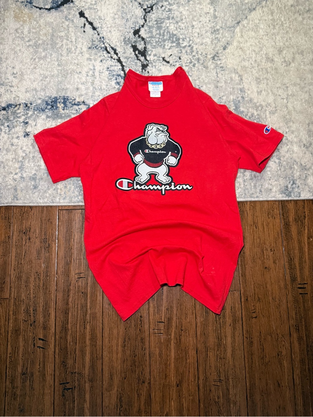Vintage Champion Bulldog Big Logo Embroidered T-Shirt Red Size Medium